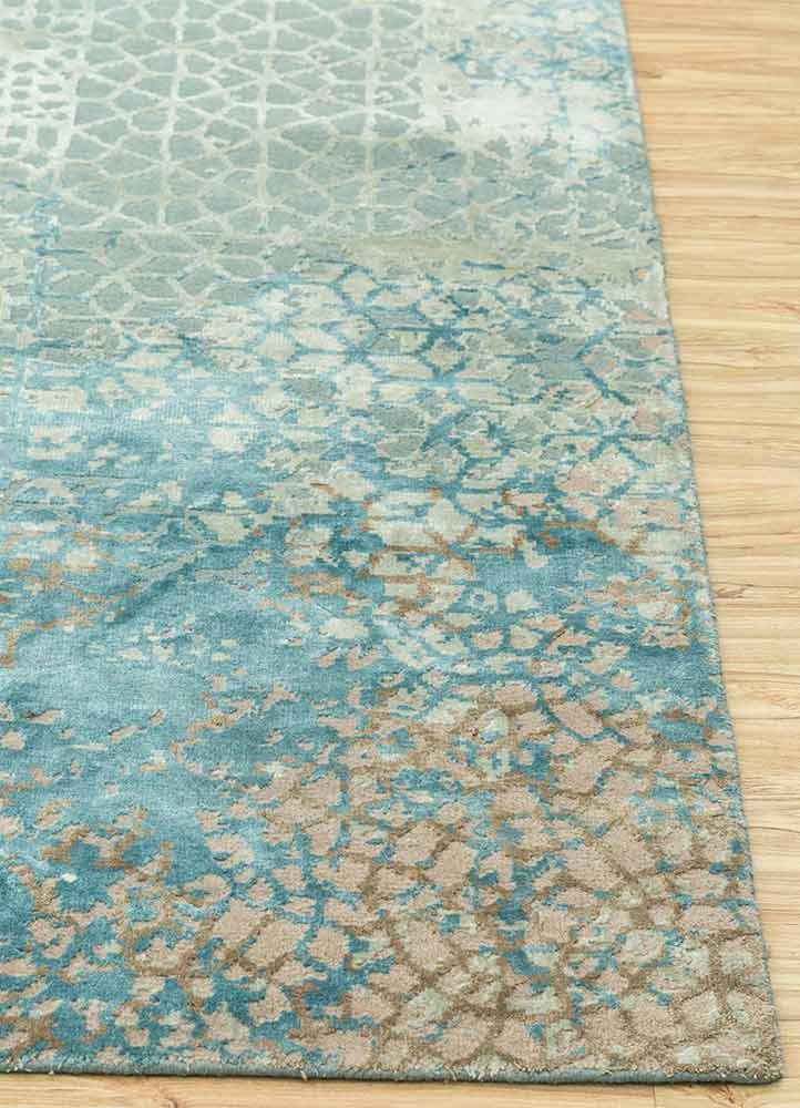 chaos theory by kavi blue wool and bamboo silk Hand Knotted Rug - Corner